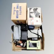 A box of vintage and later cameras, cine editor,