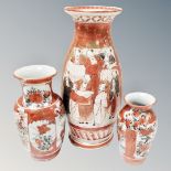 Three Japanese Kutani vases, tallest 18 cm.
