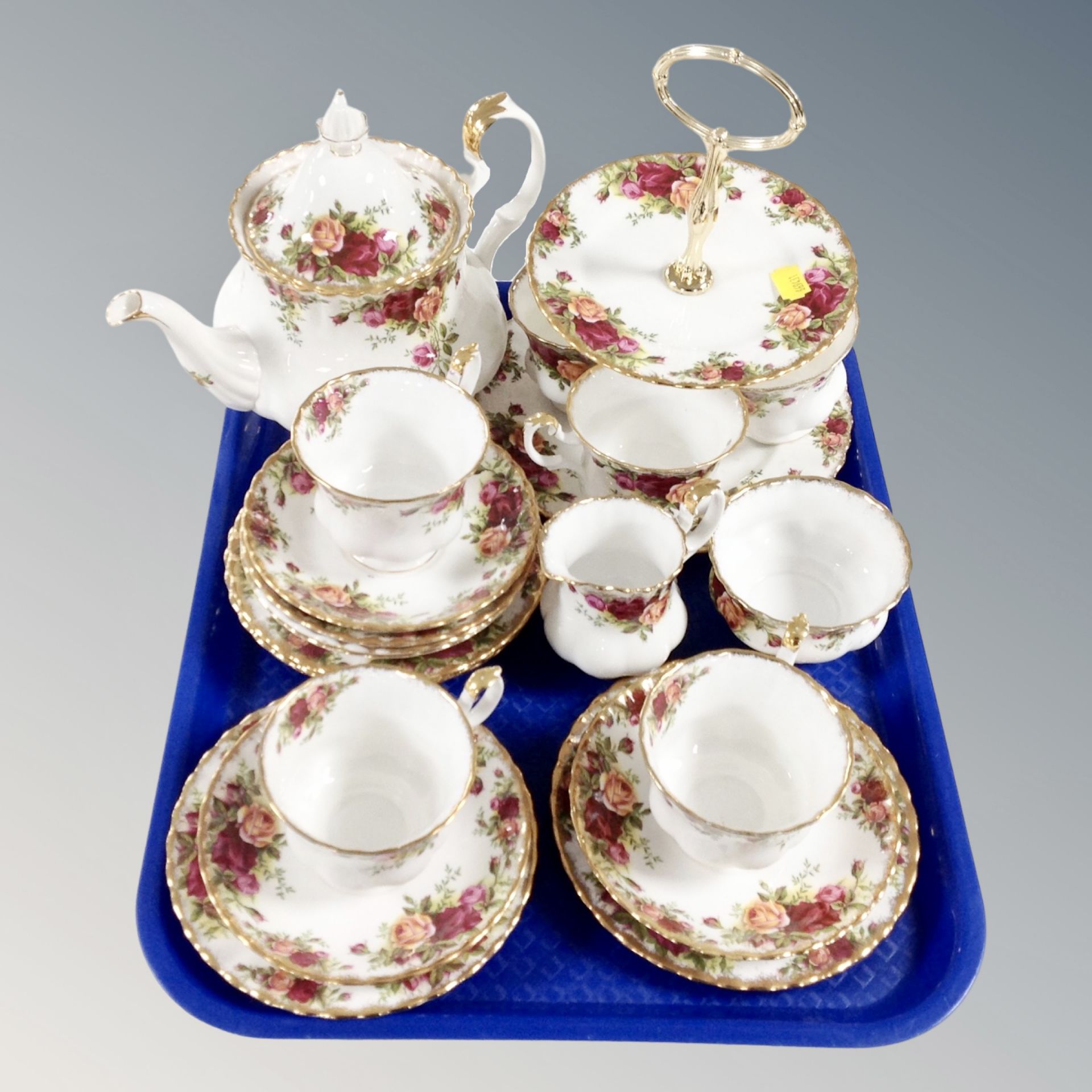 A tray of twenty-two pieces of Royal Albert Old Country Roses tea china (six place setting)