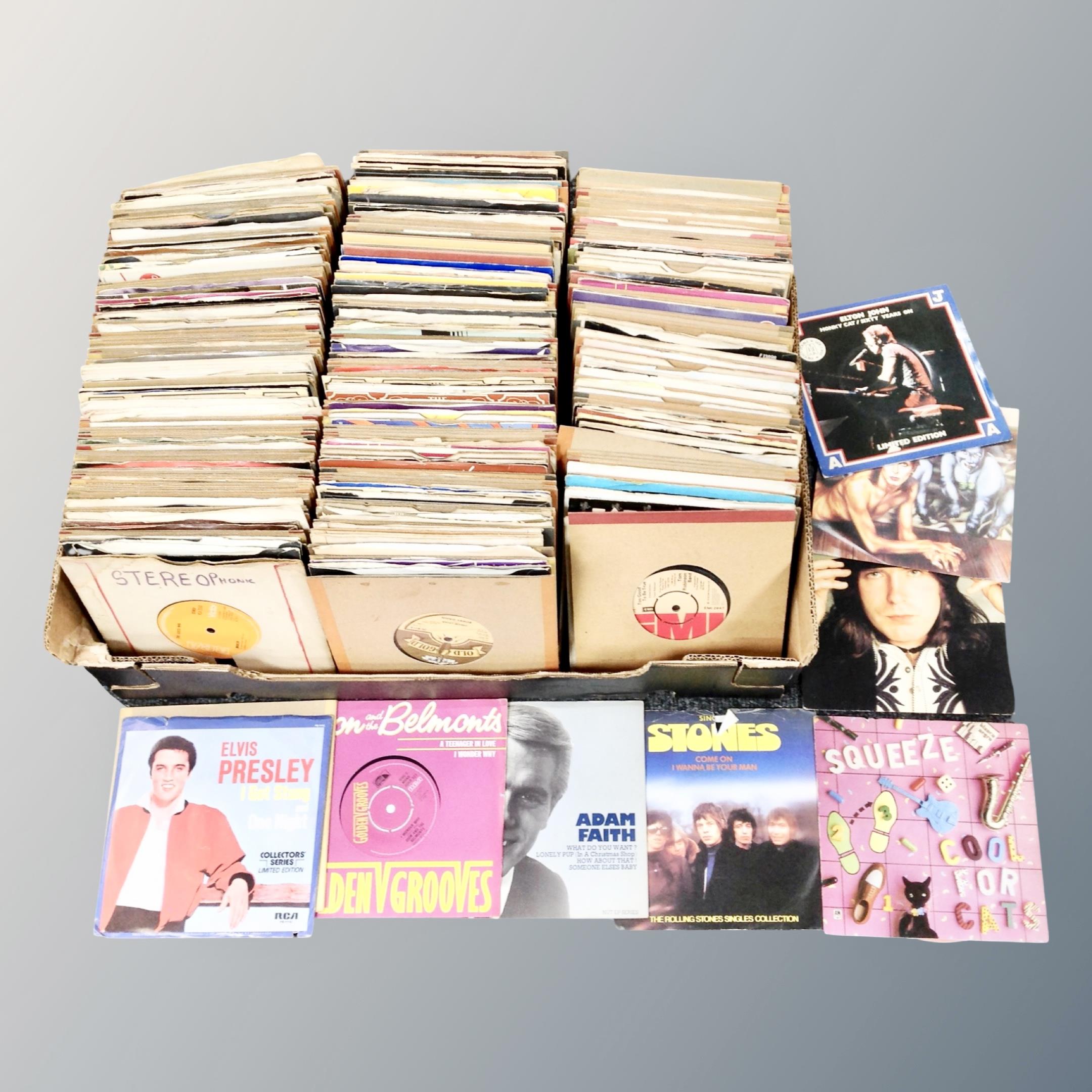 A box of large quantity of mid 20th century and later vinyl 7" singles to include Elton John,