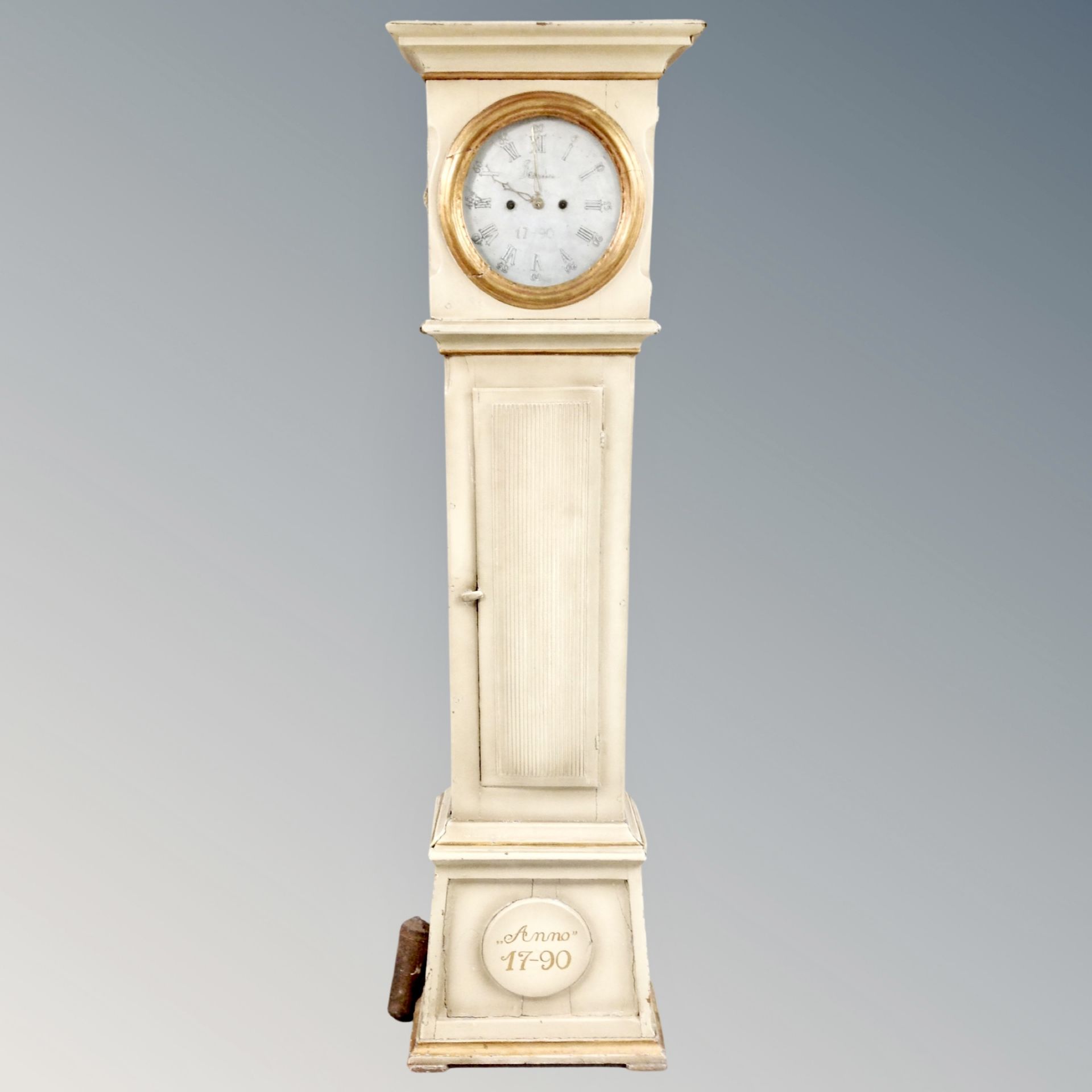 A Scandinavian painted longcase clock with pendulum and one weight