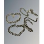 Five silver chains / bracelets, 129g.