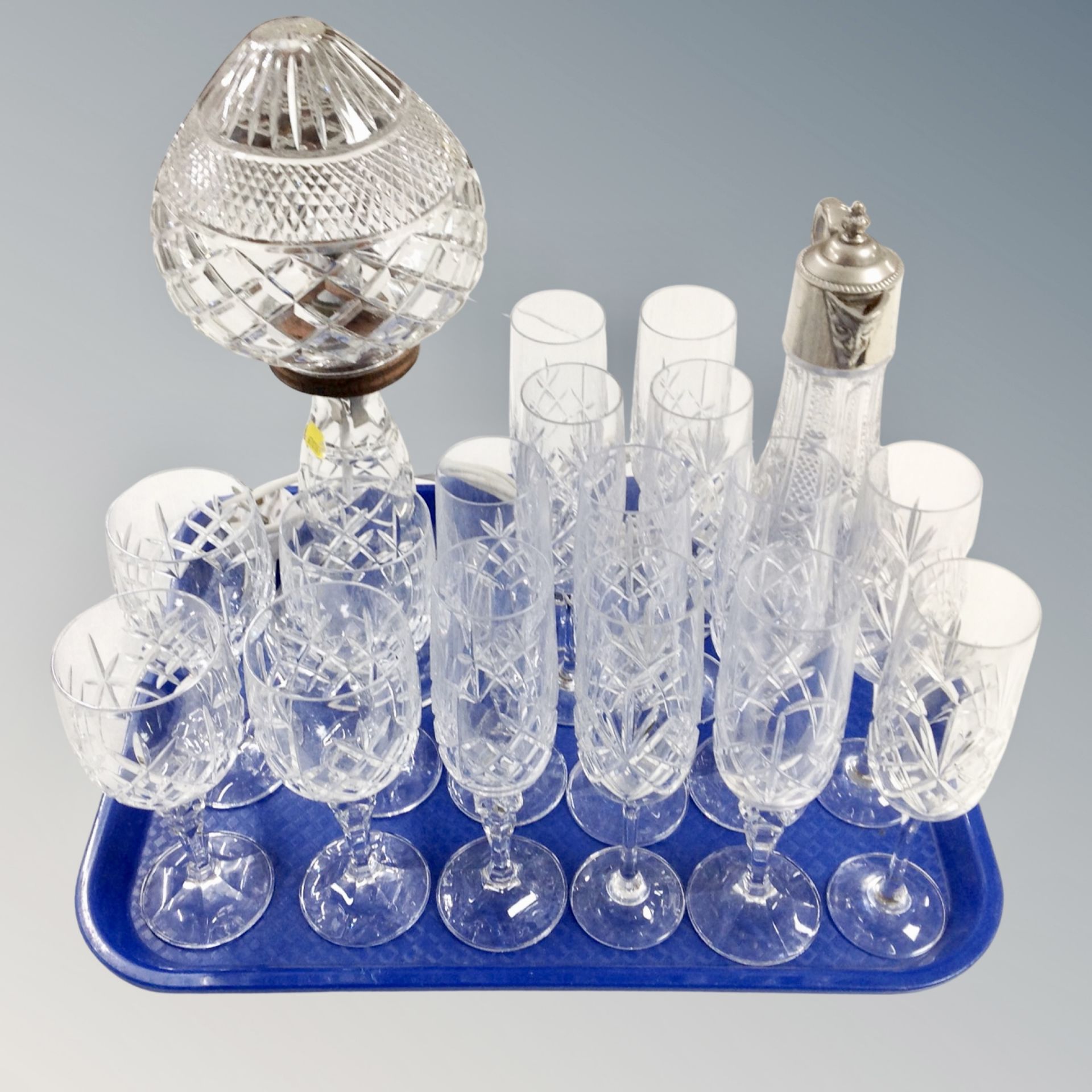 A tray of assorted glass, claret jug,