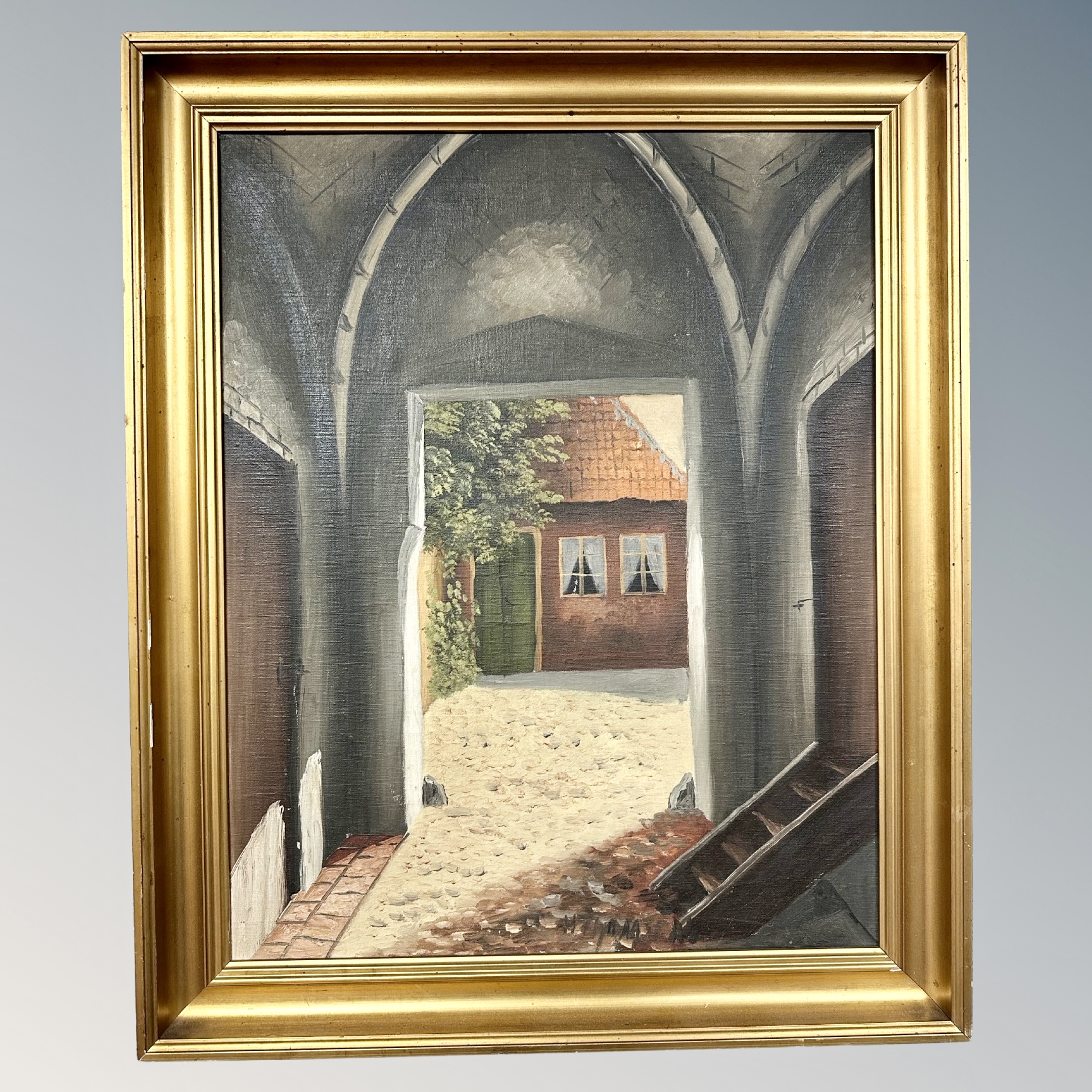 Continental school : A view through an archway, oil on canvas,