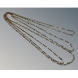 A Continental yellow gold and pearl long guard chain, length 150cm, 23.7g.