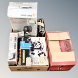 A box of Black and Decker wood worker, jigsaw, hammer drill and drill stand, all boxed,