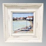 An S A Middlemas oil on board - boats in harbour, framed.