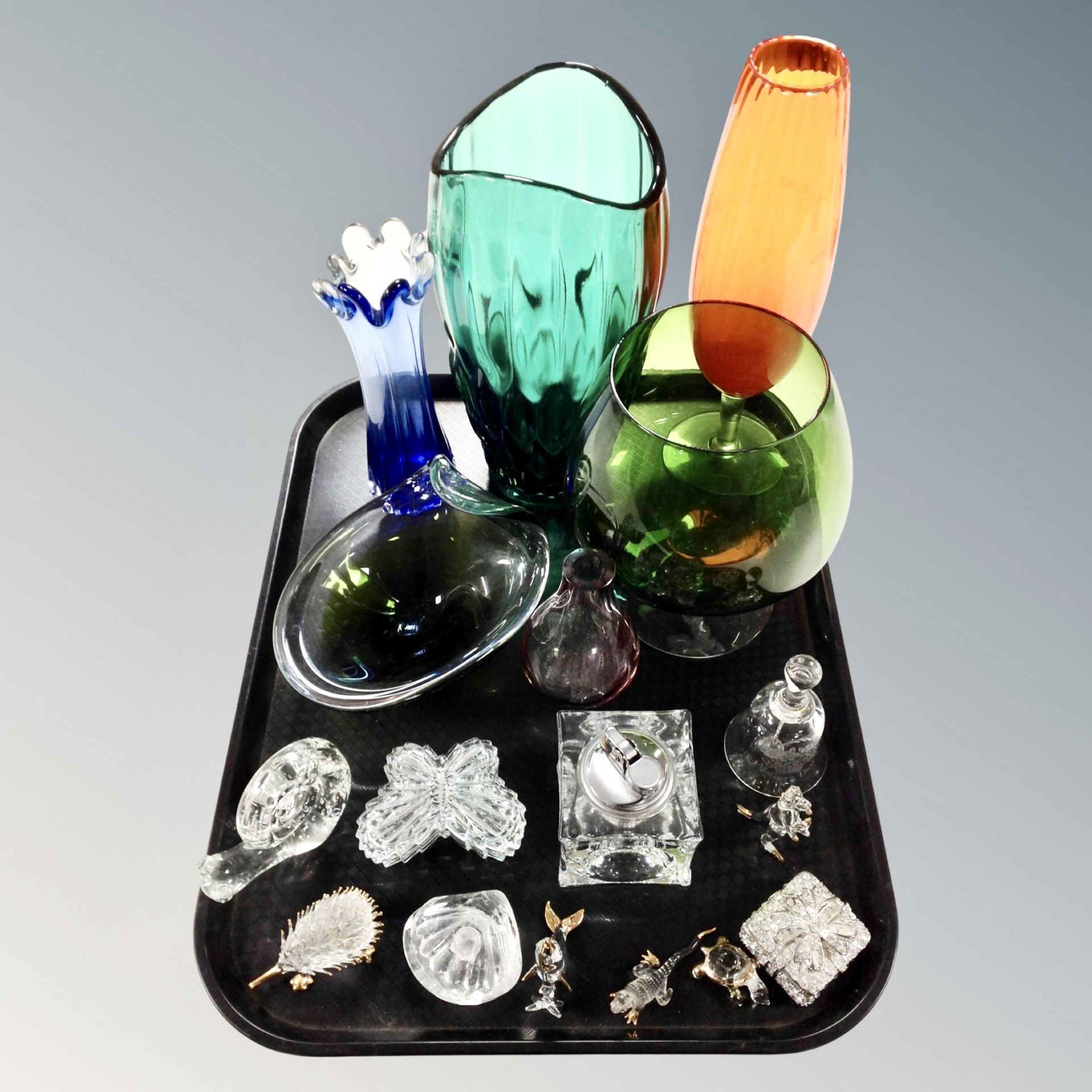 A tray of 1970's and later glass ware, coloured vases, table lighter, hand bell,