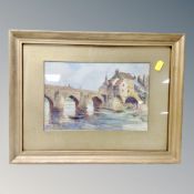 19th century school, Figure in rowing boat before a bridge, watercolour, framed.