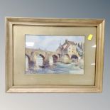 19th century school, Figure in rowing boat before a bridge, watercolour, framed.