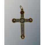 An 18ct yellow gold micromosaic alpha omega crucifix pendant, length 39 mm.