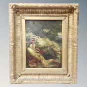 19th century school, Female figure seated in grassland, oil on board, in gesso frame.