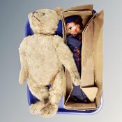 A vintage Steiff mohair teddy bear, length 40 cm, together with a Pelham puppet 'Sailor', boxed.