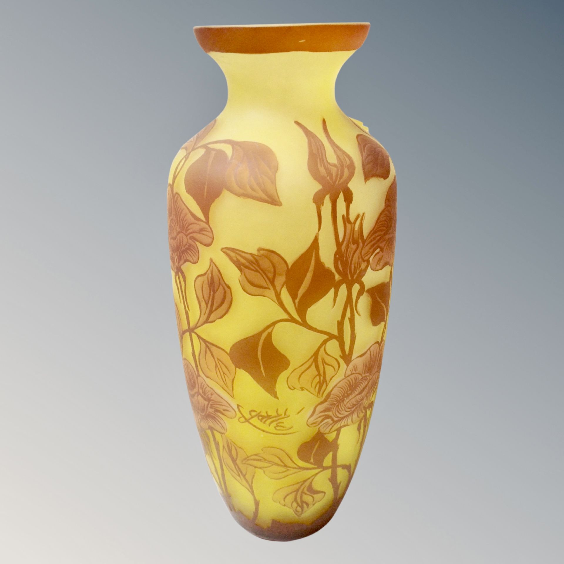 A reproduction Gallé glass vase, height 32.