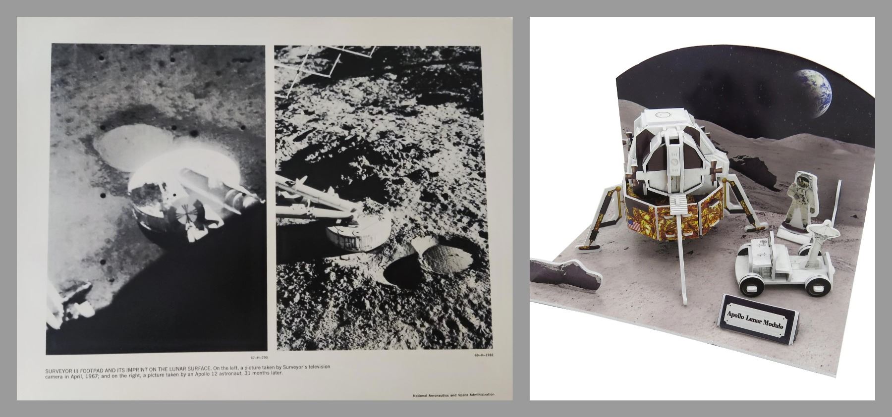 Vintage Nasa lithograph and posters with a lunar module model kit (boxed).