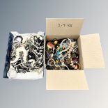 Two boxes of costume jewellery, bead necklaces,