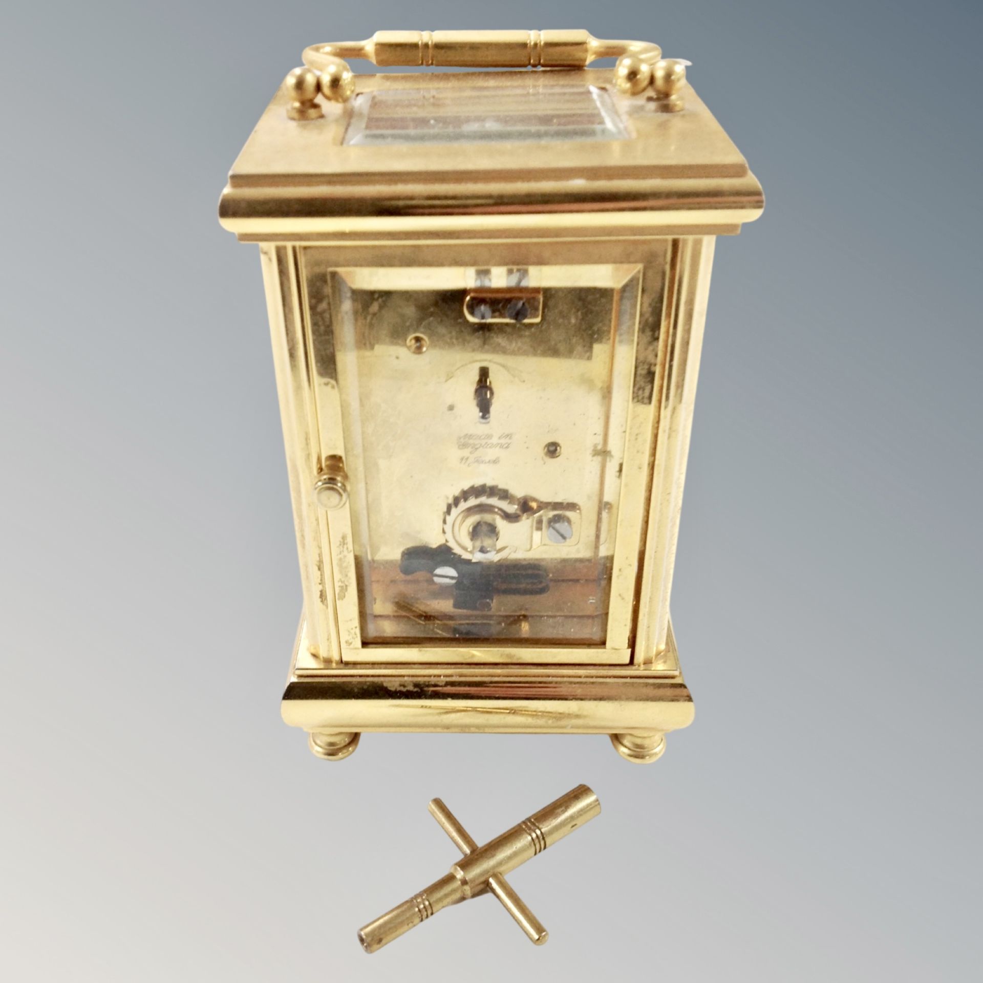 A brass eleven jewel carriage clock with key - Image 2 of 2