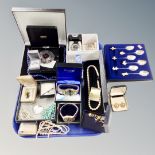 A tray of costume jewellery, Lotus pearls, wristwatches by Slazenger, Accurist, Seiko,