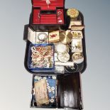A tray of costume jewellery, musical box, oriental lacquered box,