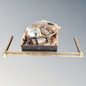 A bras extending fire curb and a box of Tilley lamp, brass framed porthole mirror, mirror,