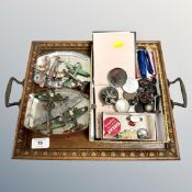 An Edwardian oak twin handled tray containing vintage hand-painted lead aircraft, pocket compasses,