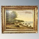 19th century school : A cottage by a shore, oil on canvas,
