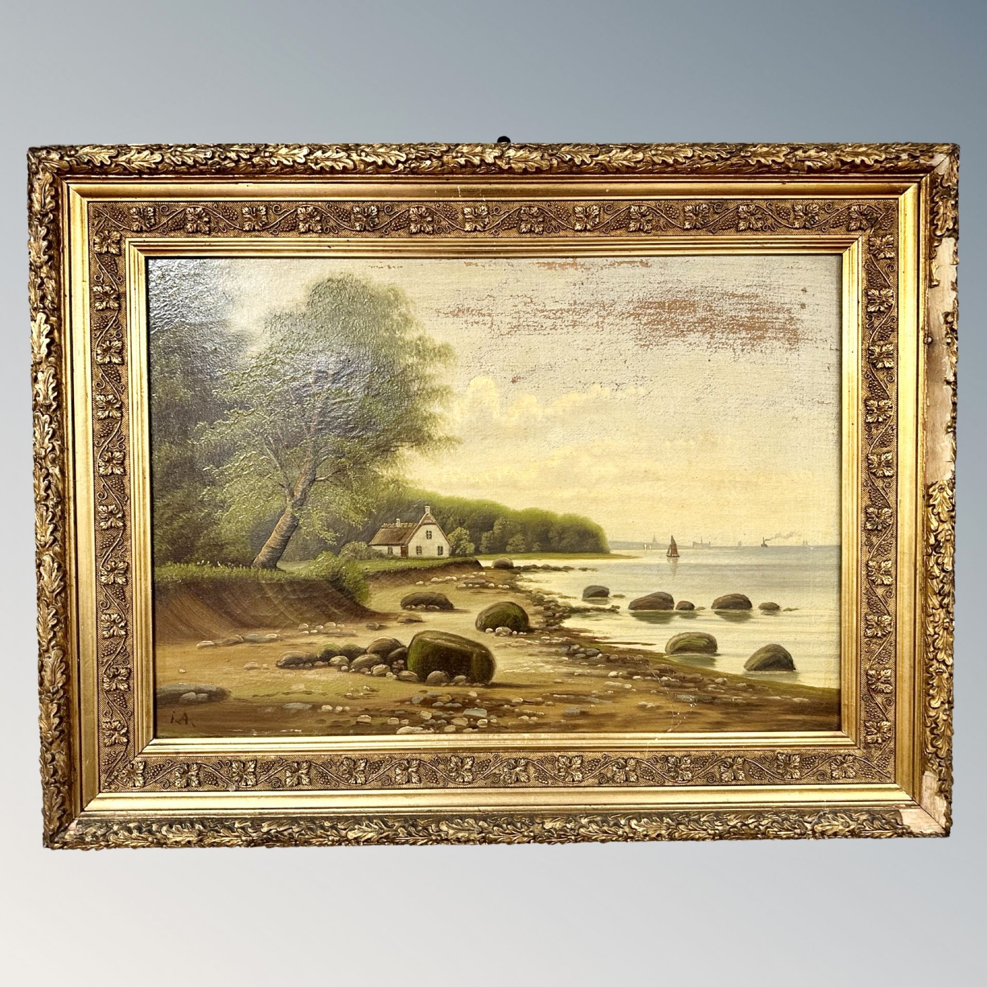 19th century school : A cottage by a shore, oil on canvas,