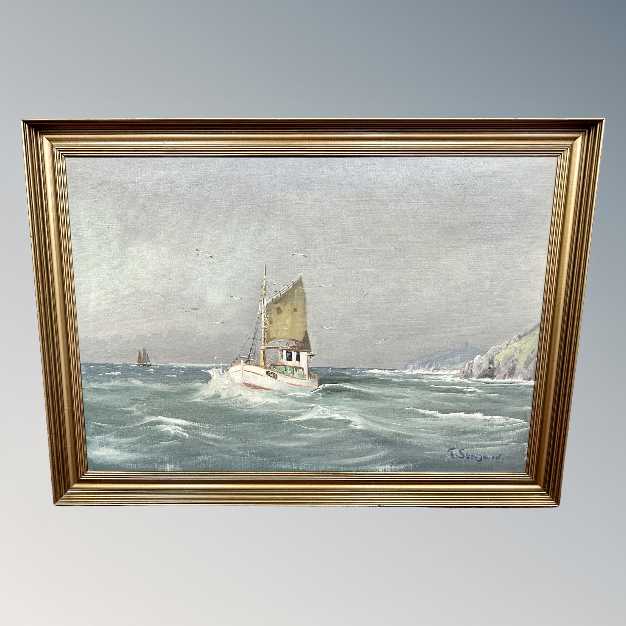 T Skougaard : Fishing boat at sea, oil on canvas,