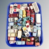 A tray of mid century and later play worn die cast vehicles, Dinky, Corgi, Lesney,