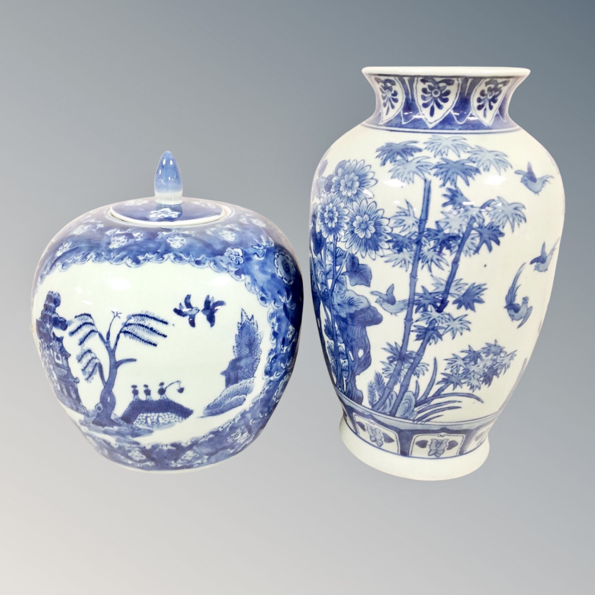 A modern Chinese blue and white pumpkin jar and similar vase