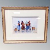 J A Wilkinson (Contemporary) Four female figures waiting at a coastline, watercolour, dated 1987,