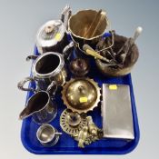 A tray of antique and later metal wares, plated cigarette box, brass ice bucket with tongs,