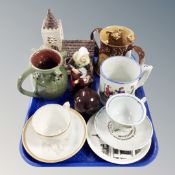 A tray of antique and later ceramics, tankards, commemorative china,