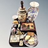 A tray of Oriental wares, Japanese vase converted to a lamp, brass table box, flask, ginger jars,