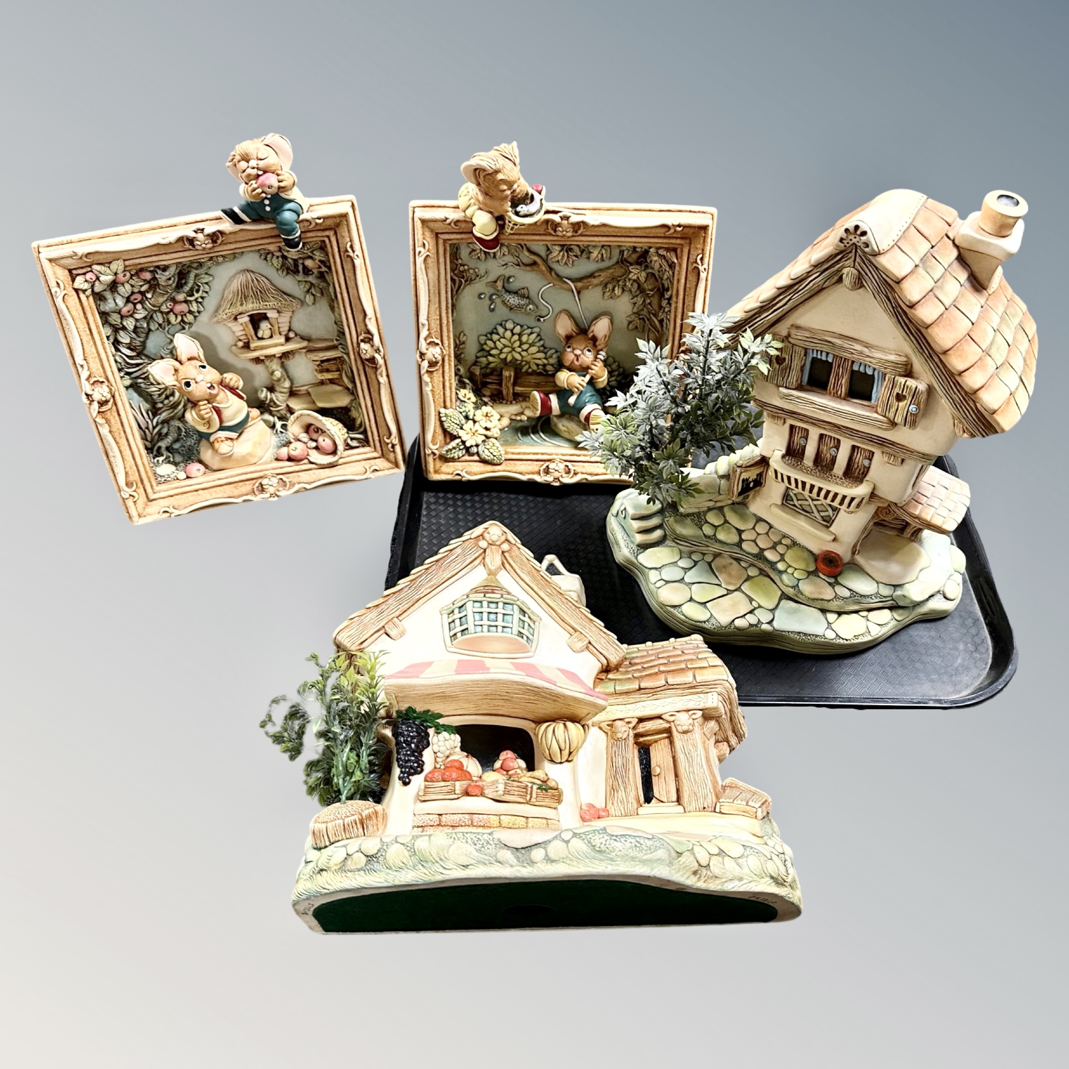 A tray of Pendelfin framed village pond with two further Pendelfin houses etc