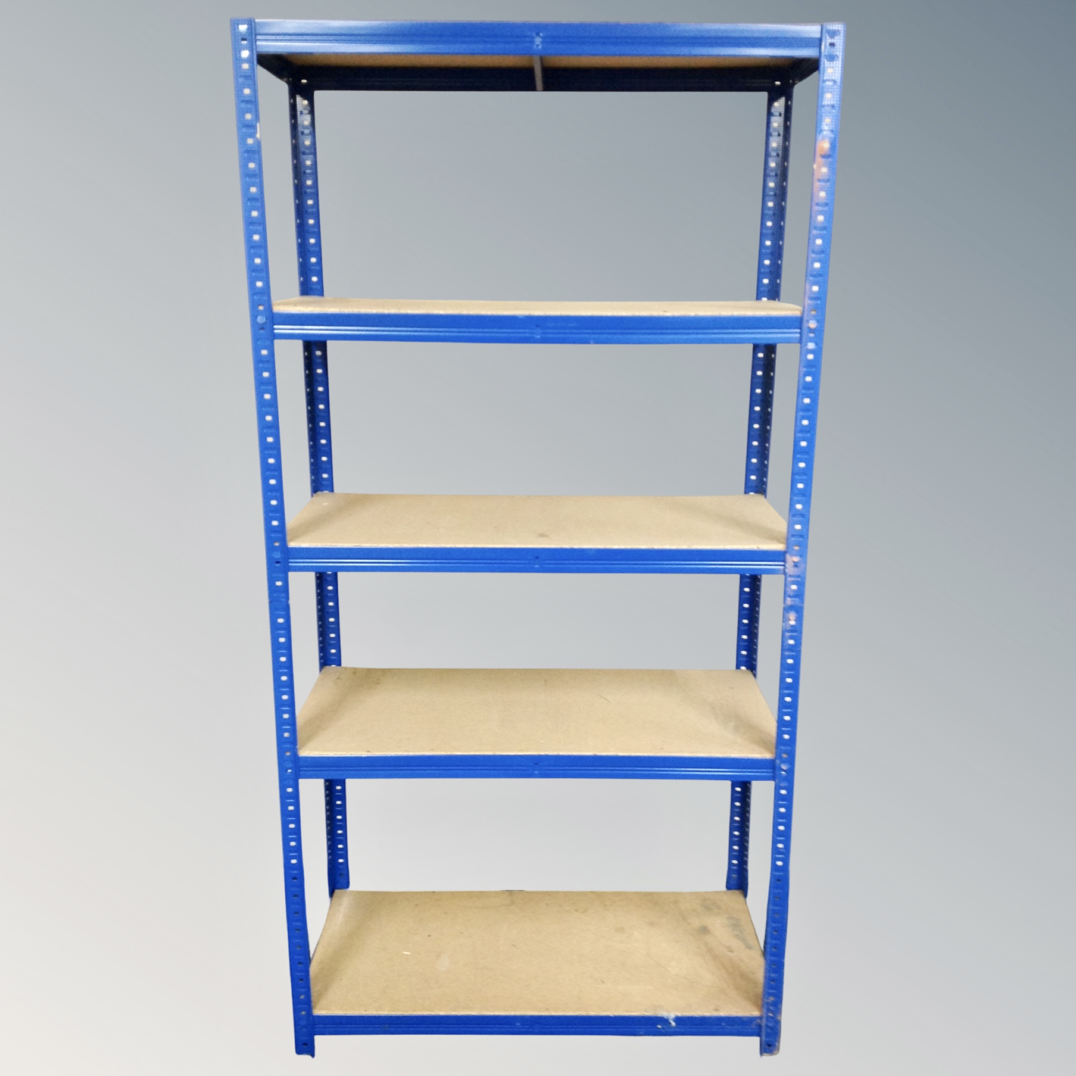 Two sets of five tier metal metal shelving each approximately 90 cm wide,