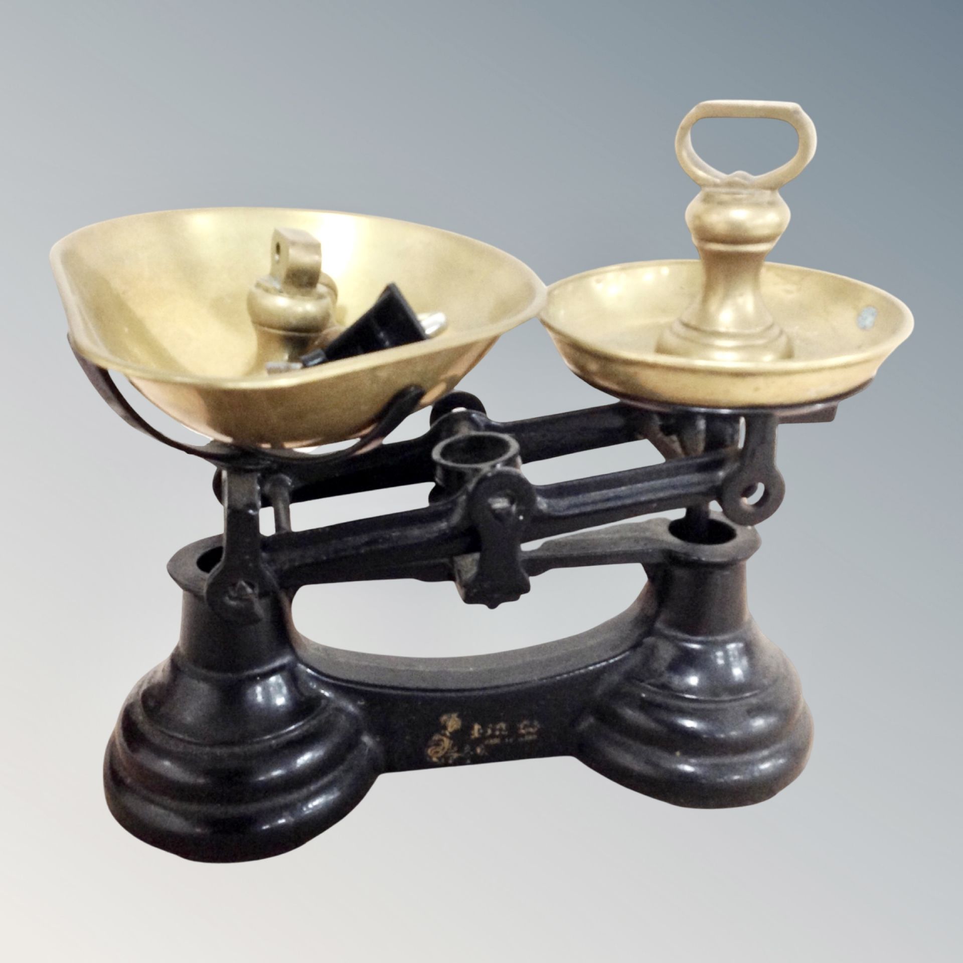 Set of antique kitchen scales with brass weights