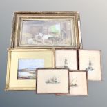 An antique watercolour, Welsh lake, in gilt frame, four further colour sailing prints,