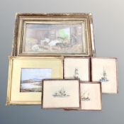 An antique watercolour, Welsh lake, in gilt frame, four further colour sailing prints,