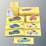 Nine Dinky toys Atlas edition die cast vehicles, Royal Mail van 260, Ford Thunderbird 555,
