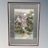 A B Groves watercolour - Female figure outside a rural dwelling, dated 1905.