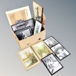 A box of monochrome pictures of film stars, hand painted mirror,