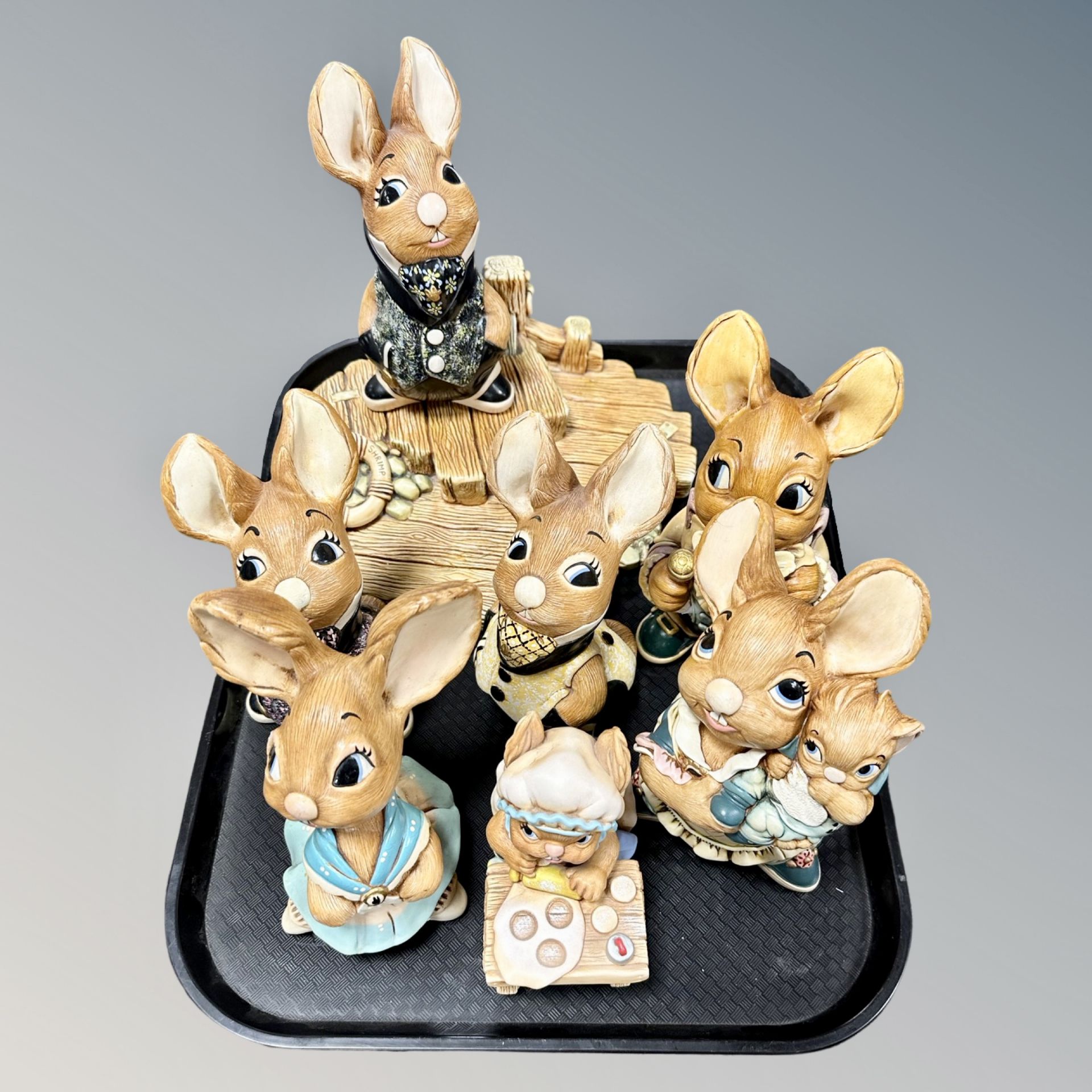 A tray of seven Pendelfin figures - Uncle Soames, Father Rabbit, Mother and Baby etc,