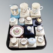 A tray of commemorative pill boxes, plates and mugs, Buckingham Palace china, all parts boxed.