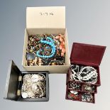 Two jewellery boxes and a further box containing costume jewellery,