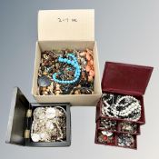 Two jewellery boxes and a further box containing costume jewellery,