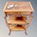 A Japanese three tier occasional table on paw feet and Shibayama inlay top 43 cm x 55 cm,