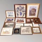 A box of pictures, signed prints - tall ships, Hexham Abbey print,