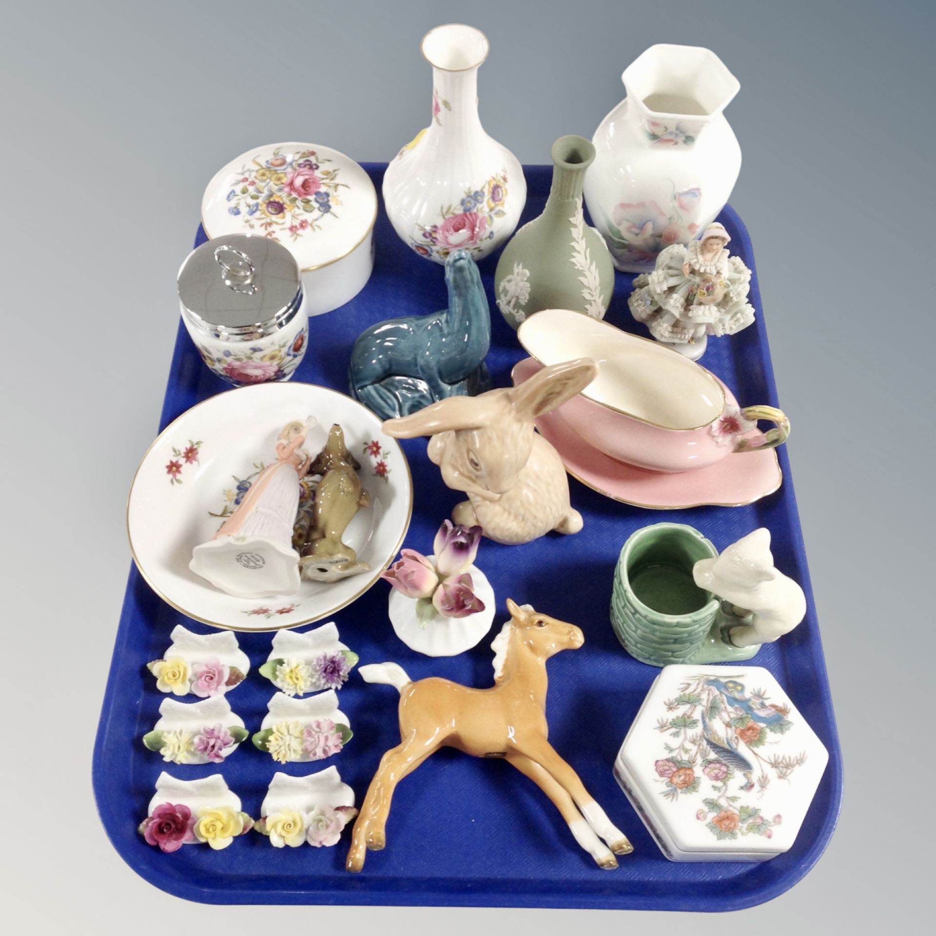 A tray of assorted ceramics, Poole, Wedgwood Coalport,