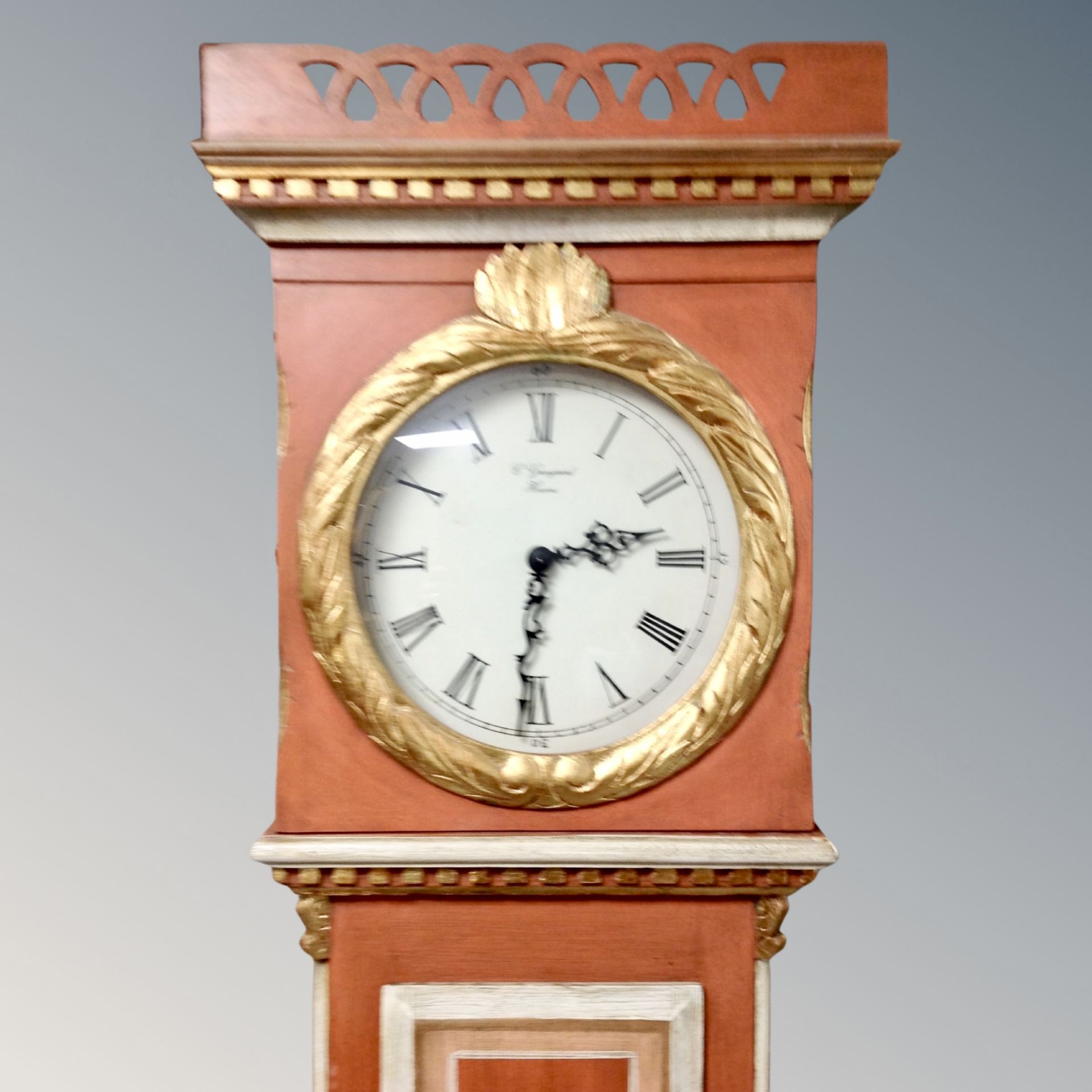 A Scandinavian painted longcase clock with pendulum and weights - Image 2 of 2